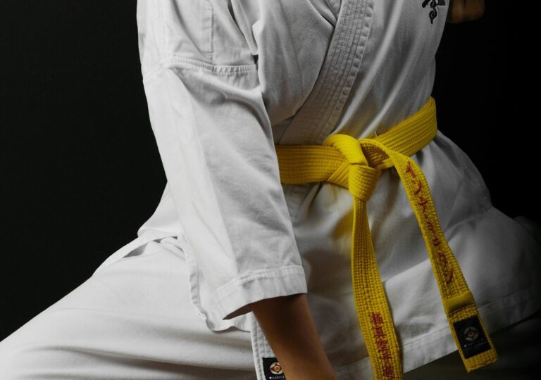 Female martial artist demonstrating focus in a karate gi with yellow belt.